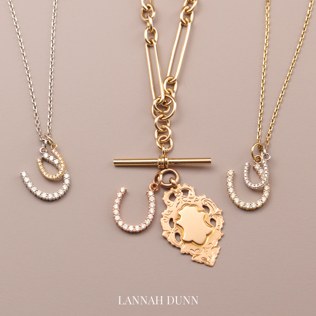 9ct rose gold 9ct yellow gold 9ct white gold LD signature diamond horseshoe charm pendant antique English diamond medallion antique solid rose gold paper clip link Albert fob chain