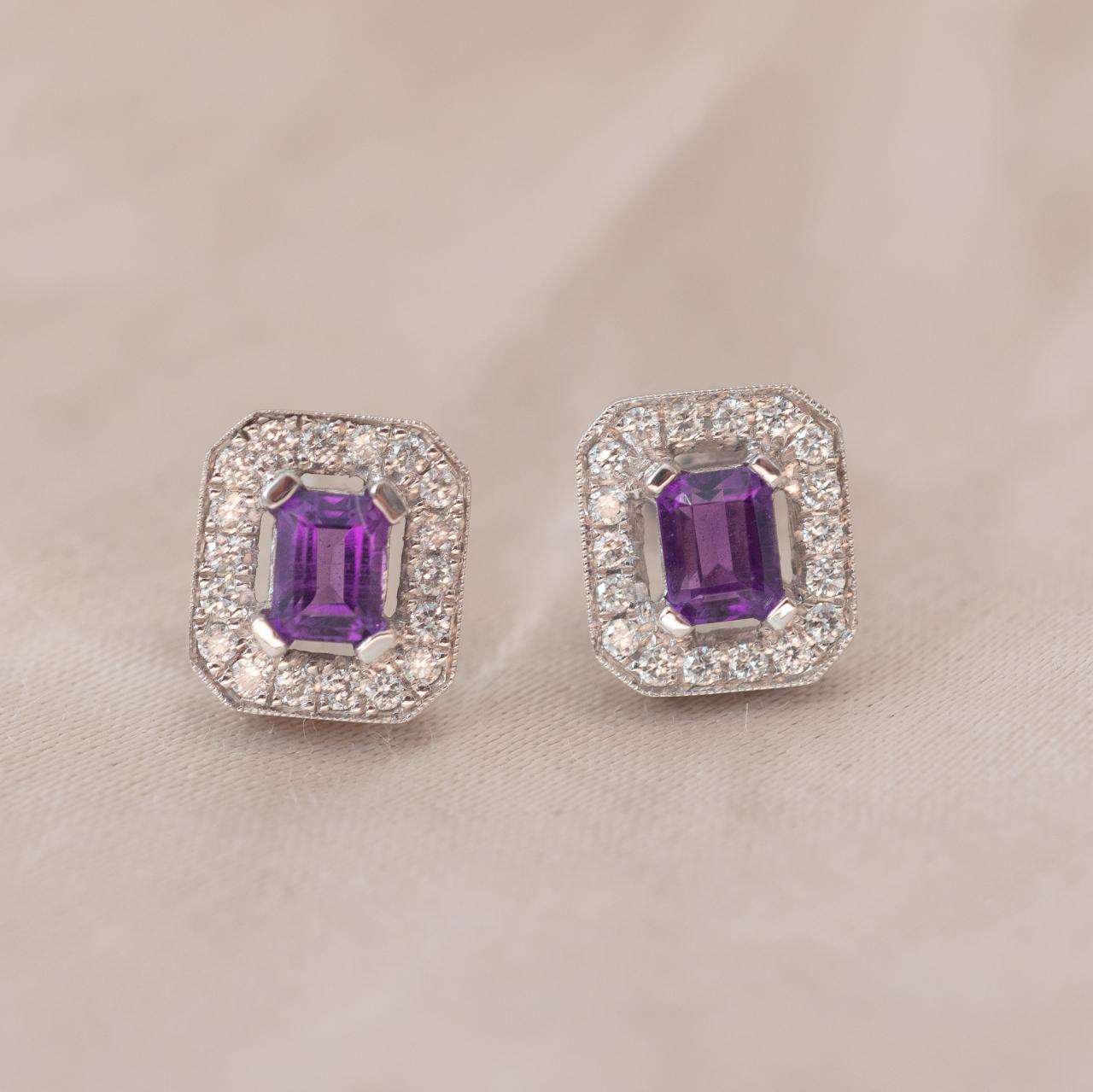 Emerald Cut Amethyst Diamond Studs