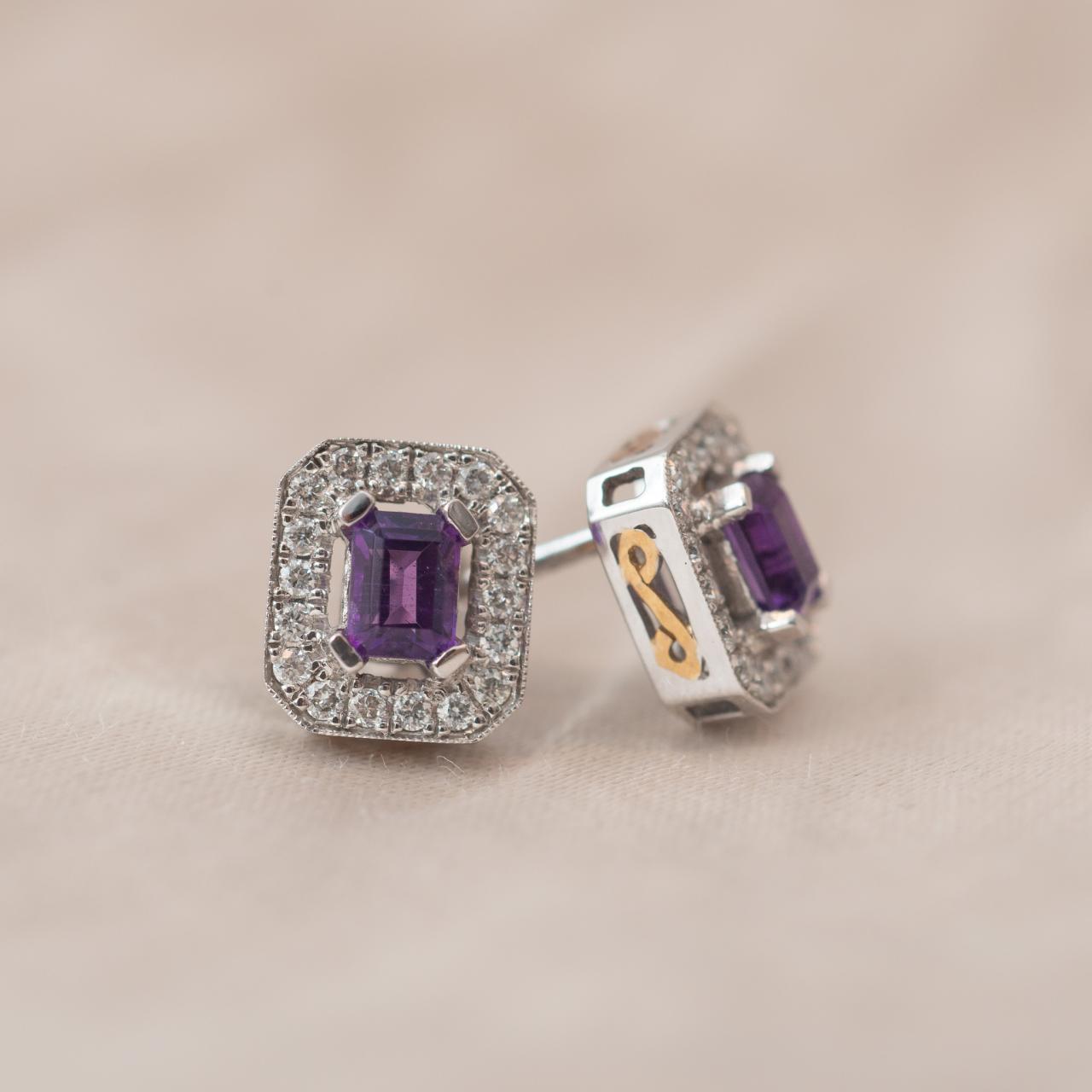 Emerald Cut Amethyst Diamond Studs