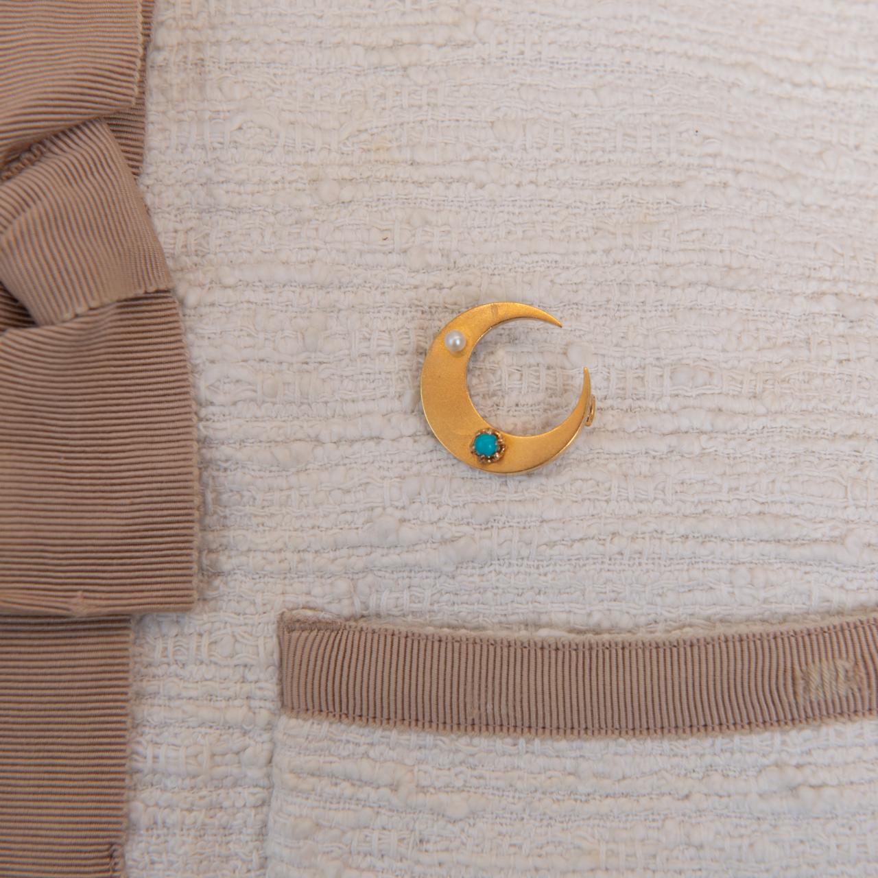 High carat pearl & turquoise crescent moon brooch