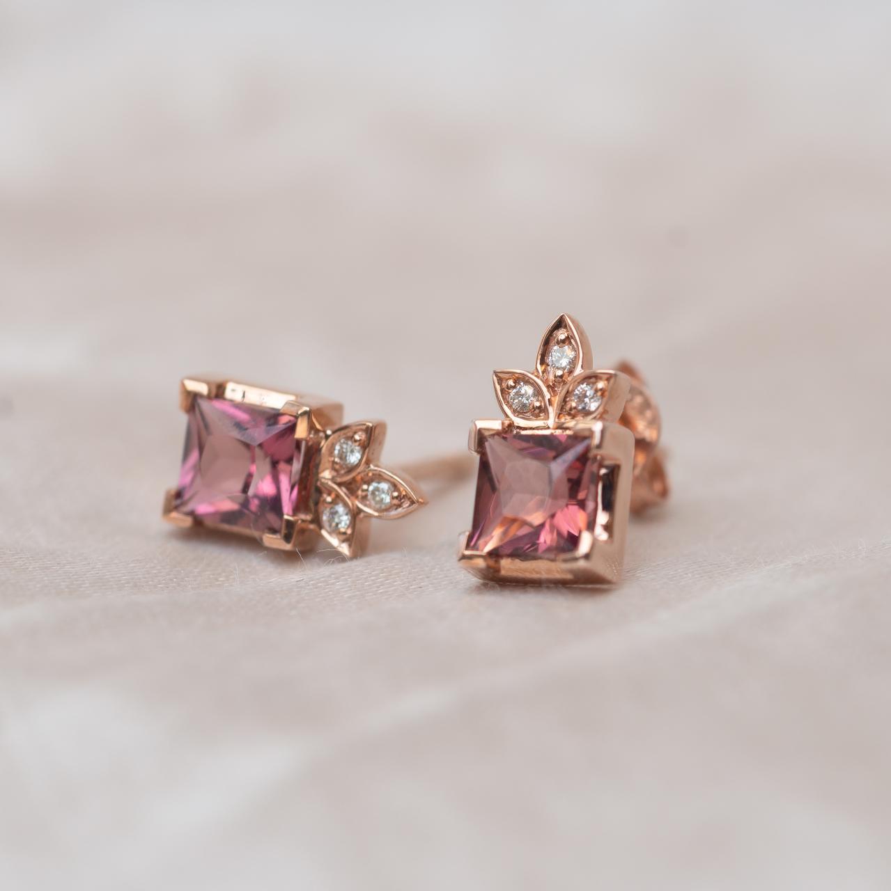 Pink Tourmaline & Diamond studs