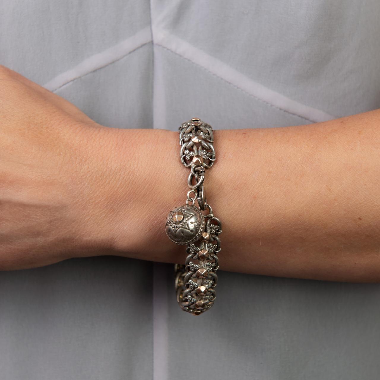 French ornate antique silver bracelet with orb pendant charm circa 1900