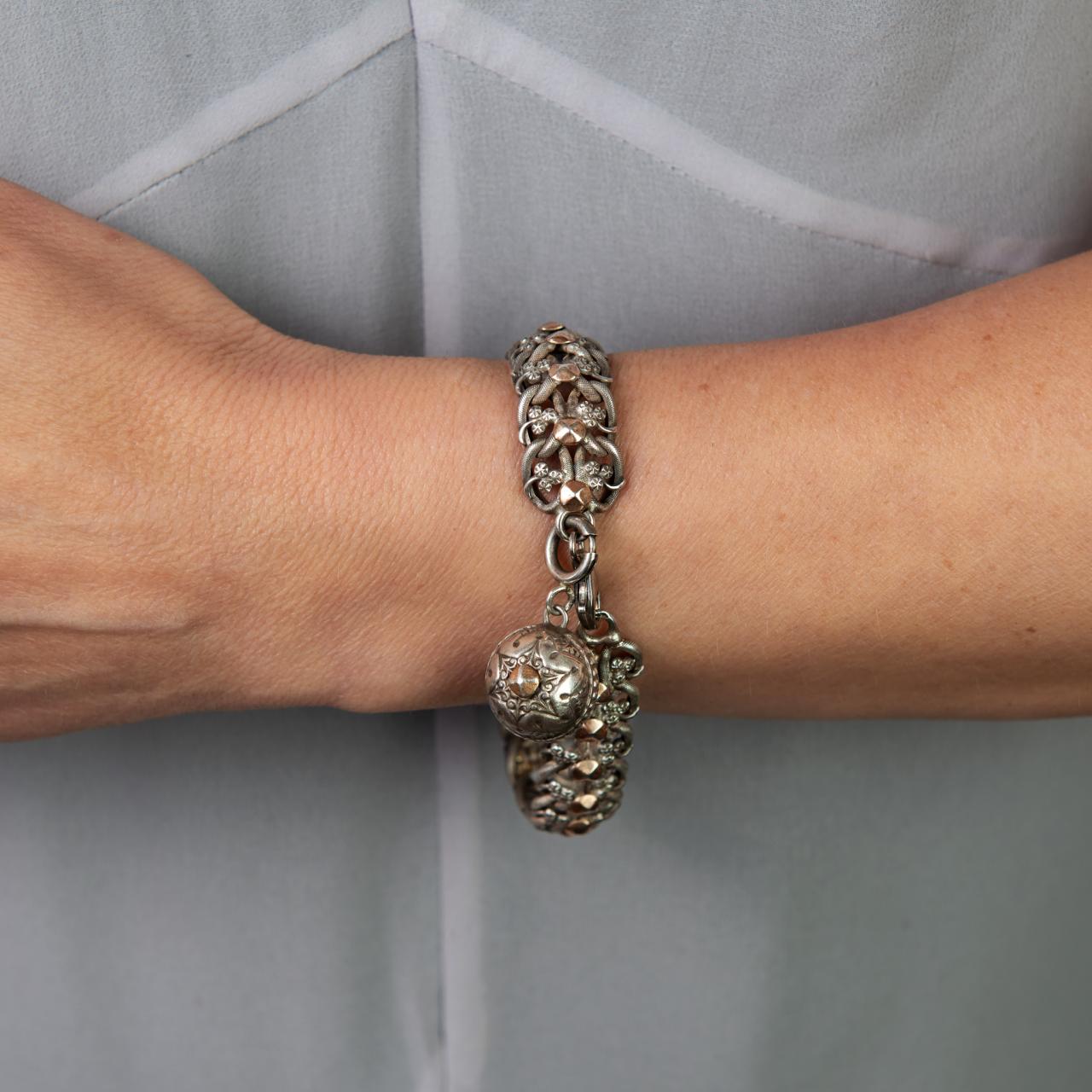 French ornate antique silver bracelet with orb pendant charm circa 1900