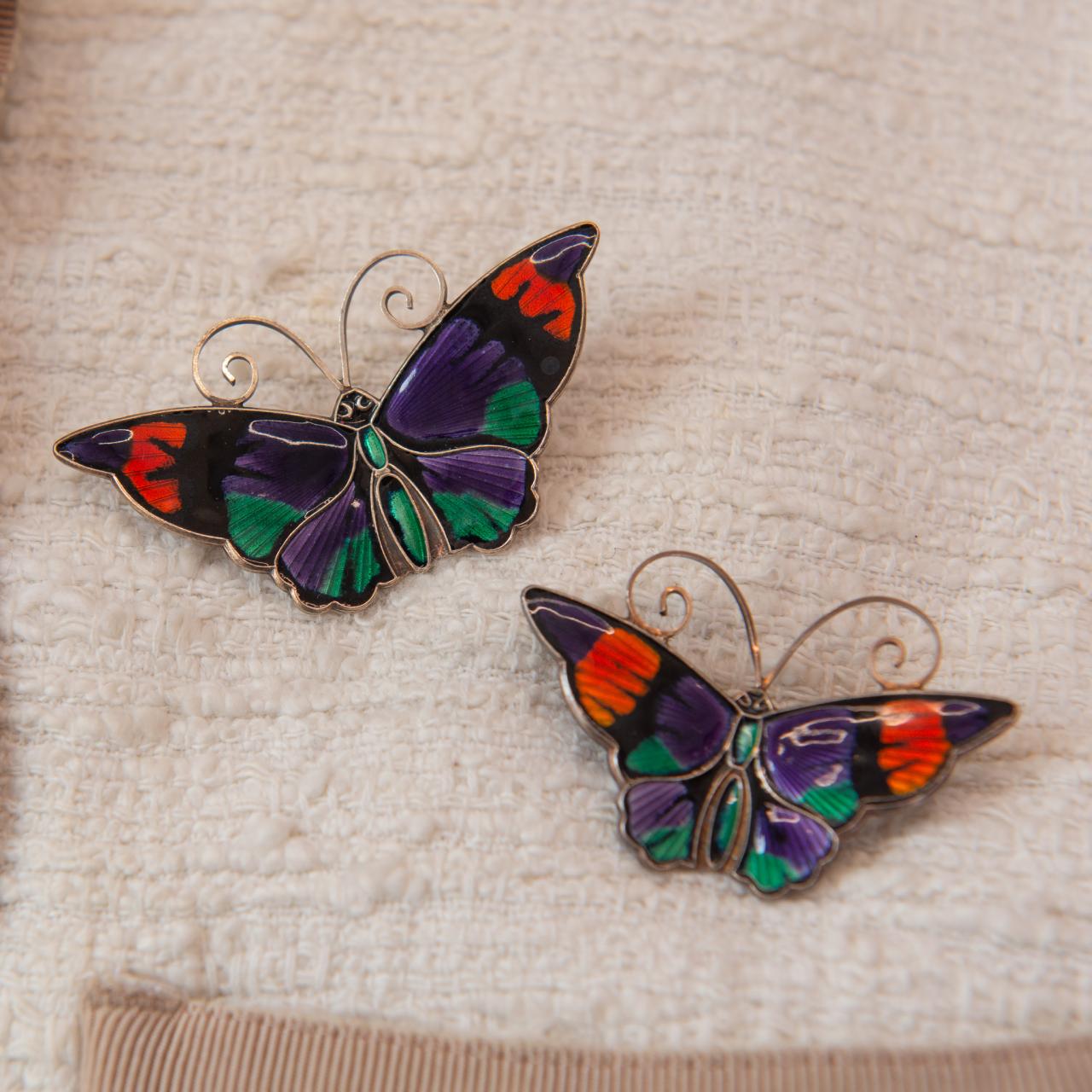 Vintage 55mm multi-colour guilloche butterfly brooch
