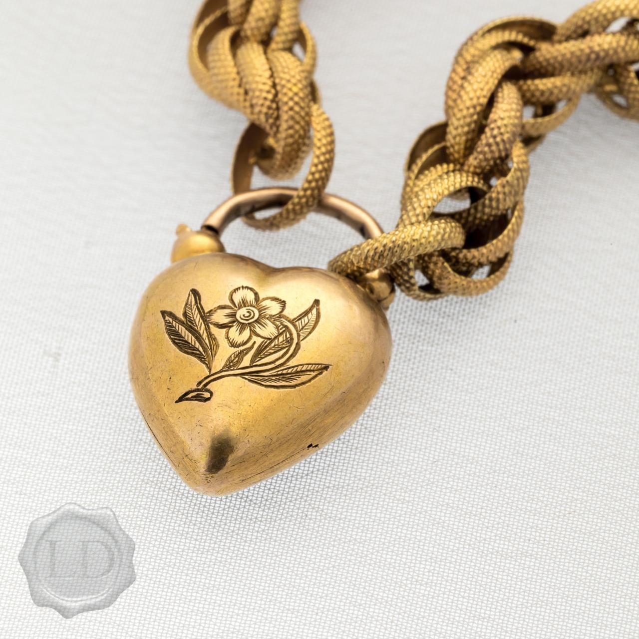 15ct gold ‘Forget-me-not’ memento sentimental antique rare bracelet with heart padlock with locket back