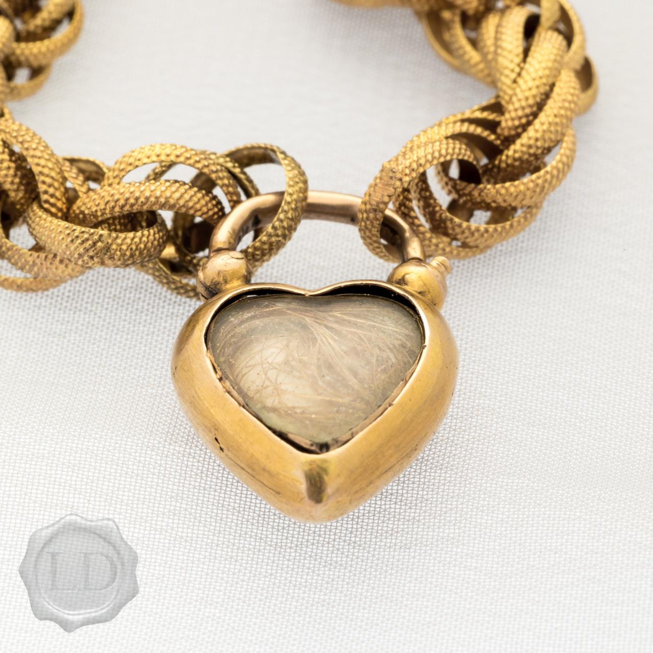 15ct gold ‘Forget-me-not’ memento sentimental antique rare bracelet with heart padlock with locket back