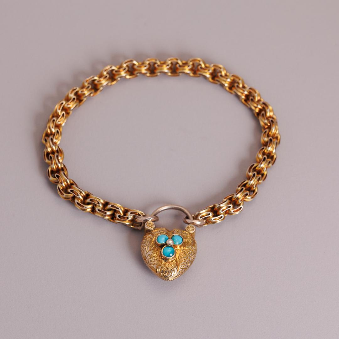 9ct gold Victorian ‘Forget-me-not’ memento sentimental antique rare bracelet with heart padlock turquoise set with locket back