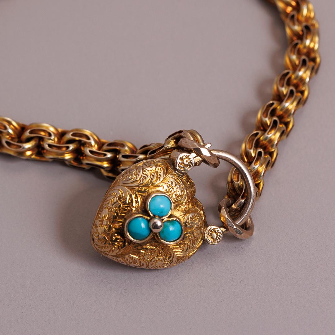9ct gold Victorian ‘Forget-me-not’ memento sentimental antique rare bracelet with heart padlock turquoise set with locket back