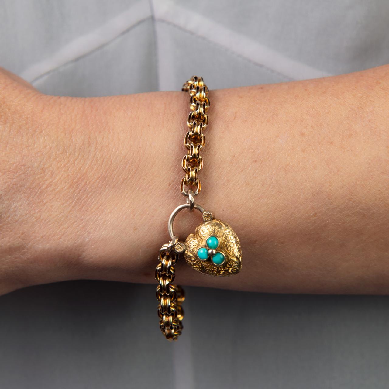 9ct gold Victorian ‘Forget-me-not’ memento sentimental antique rare bracelet with heart padlock turquoise set with locket back
