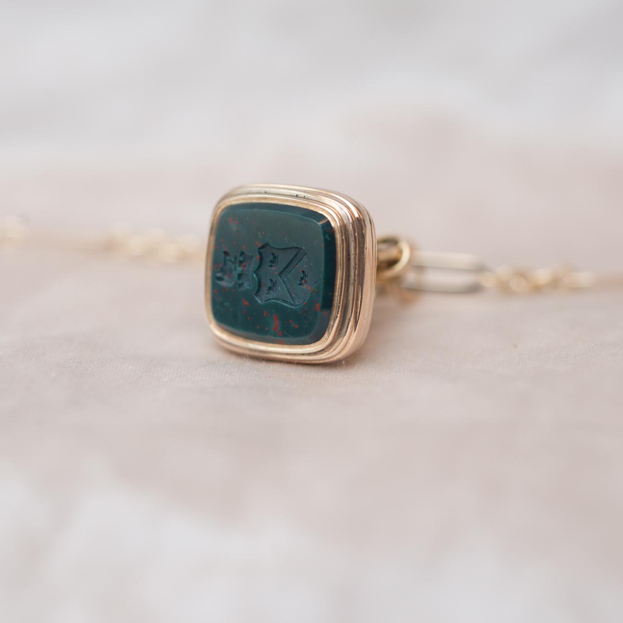 Antique English carved intaglio bloodstone seal pendatn