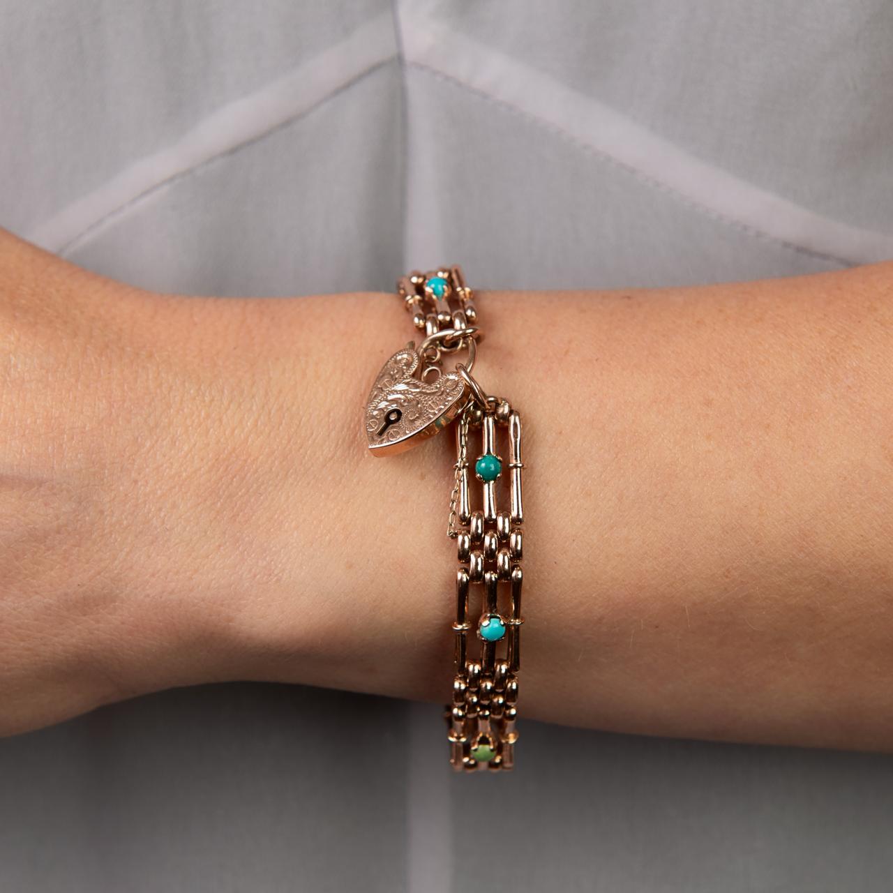 Turquoise set gate link engraved padlock antique bracelet