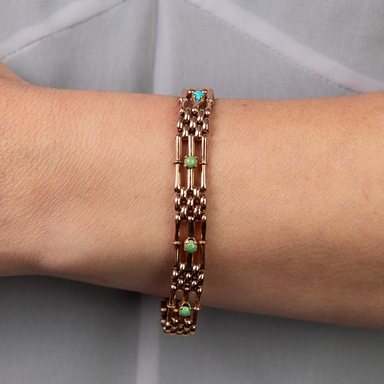 Turquoise set gate link engraved padlock antique bracelet