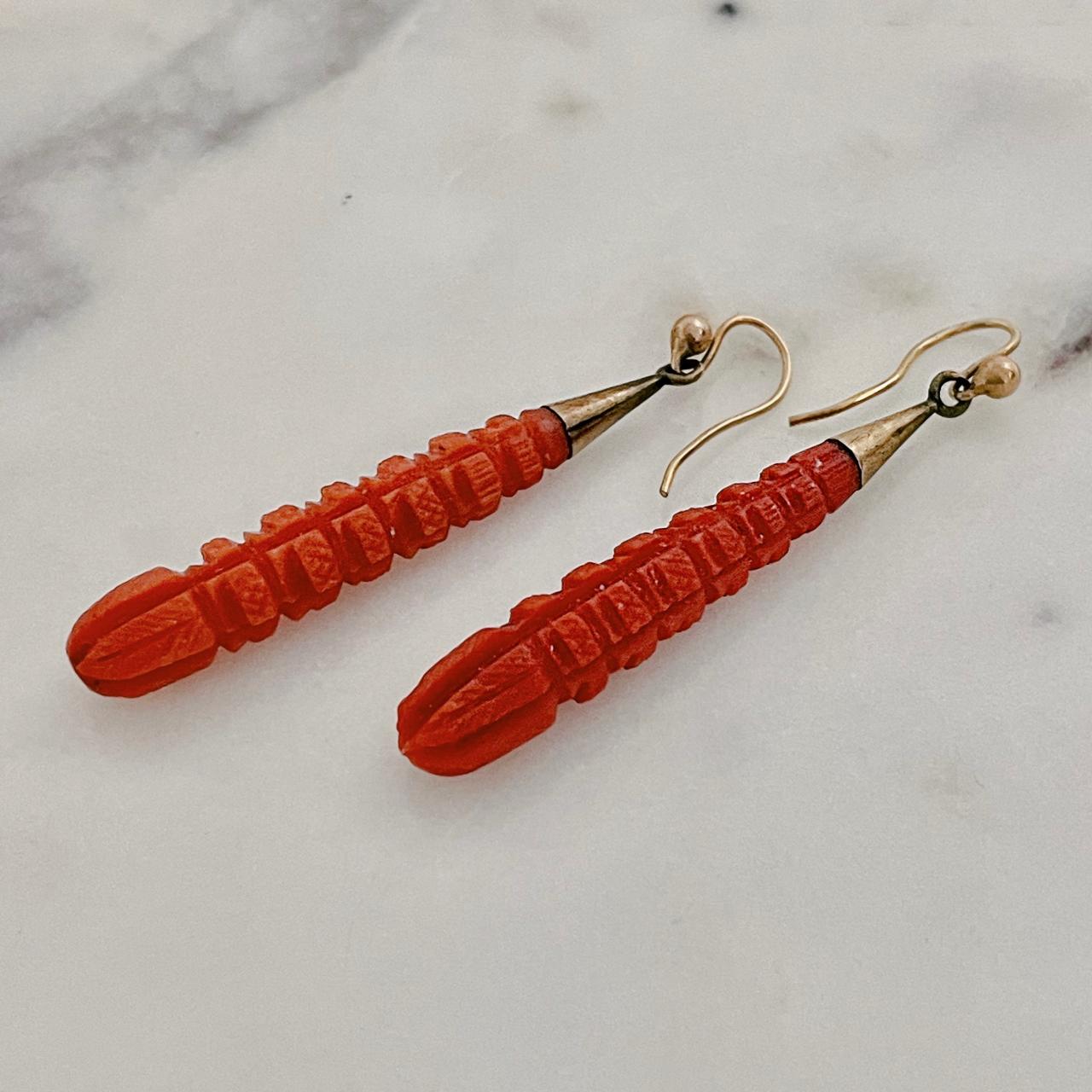 Antique carved coral drop earrings