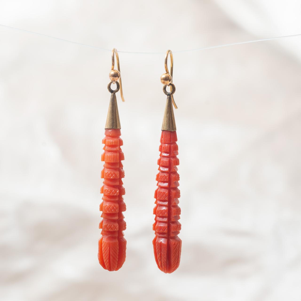 Antique carved coral drop earrings