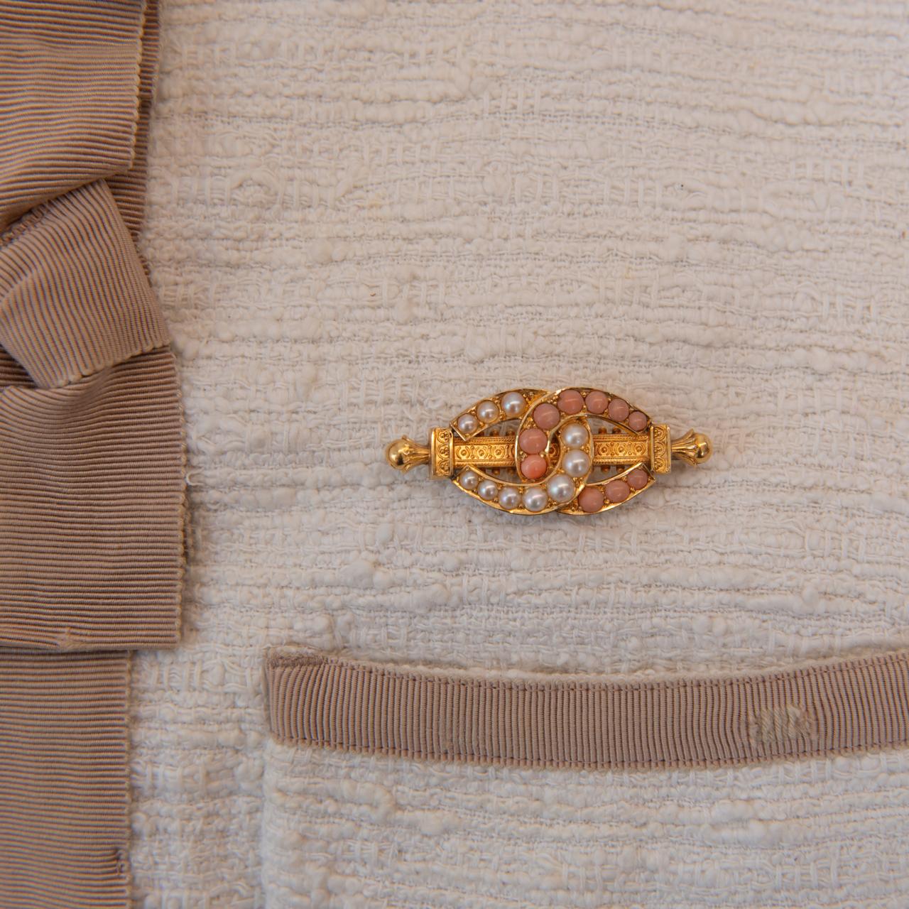 High carat antique English coral and pearl brooch