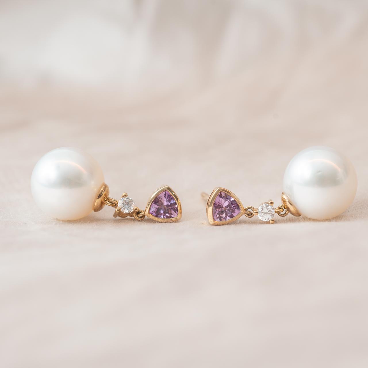 Pink Sapphire diamond & South Sea Pearl drop earrings