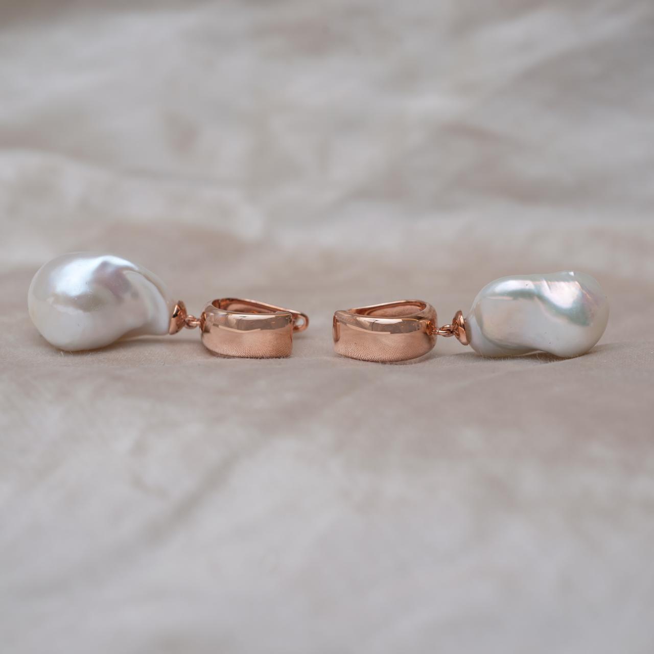 Pearl Rose Gold Huggie Drop Earrings