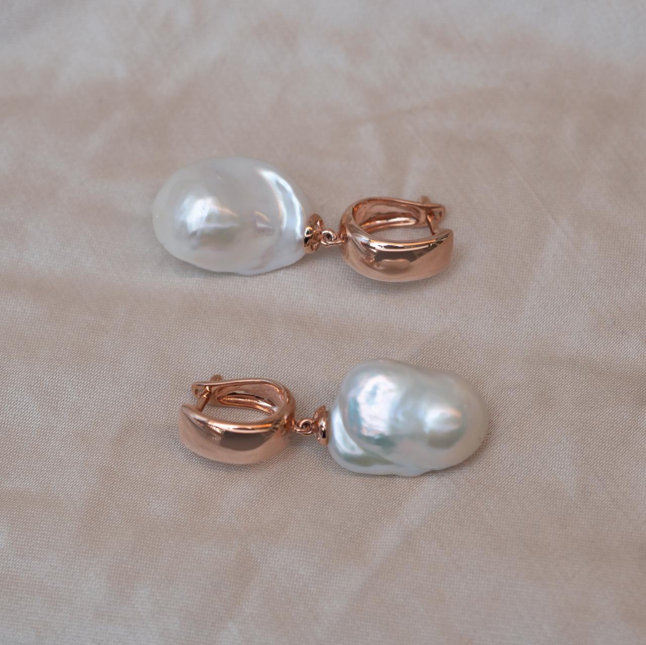 Pearl Rose Gold Huggie Drop Earrings