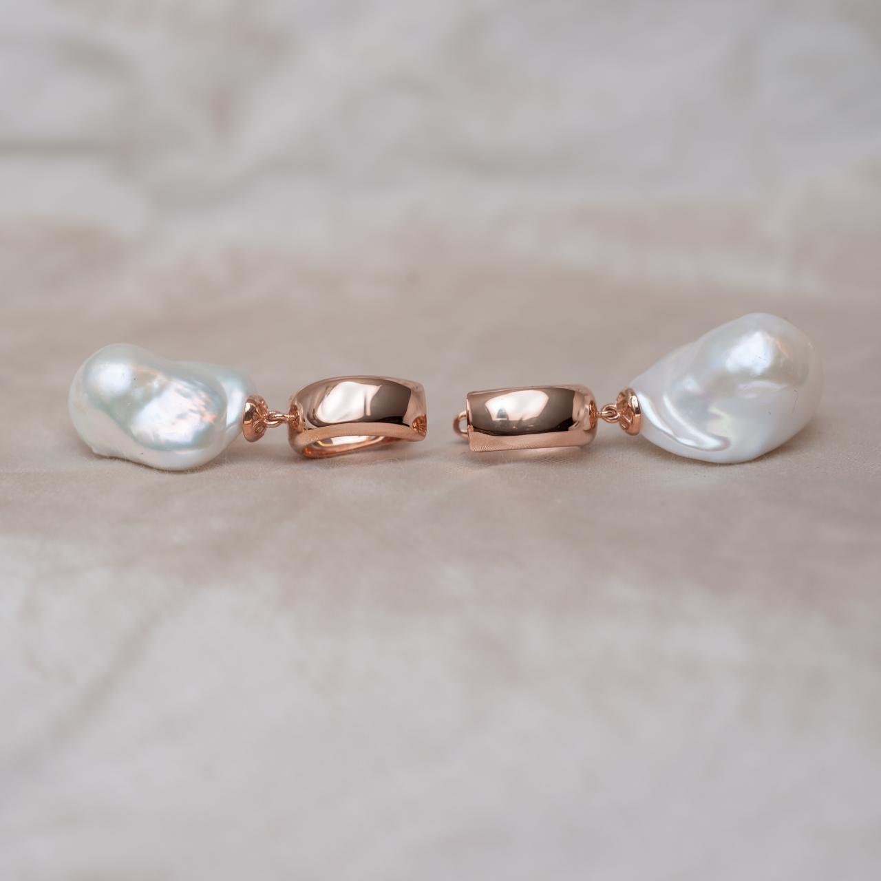 Pearl Rose Gold Huggie Drop Earrings
