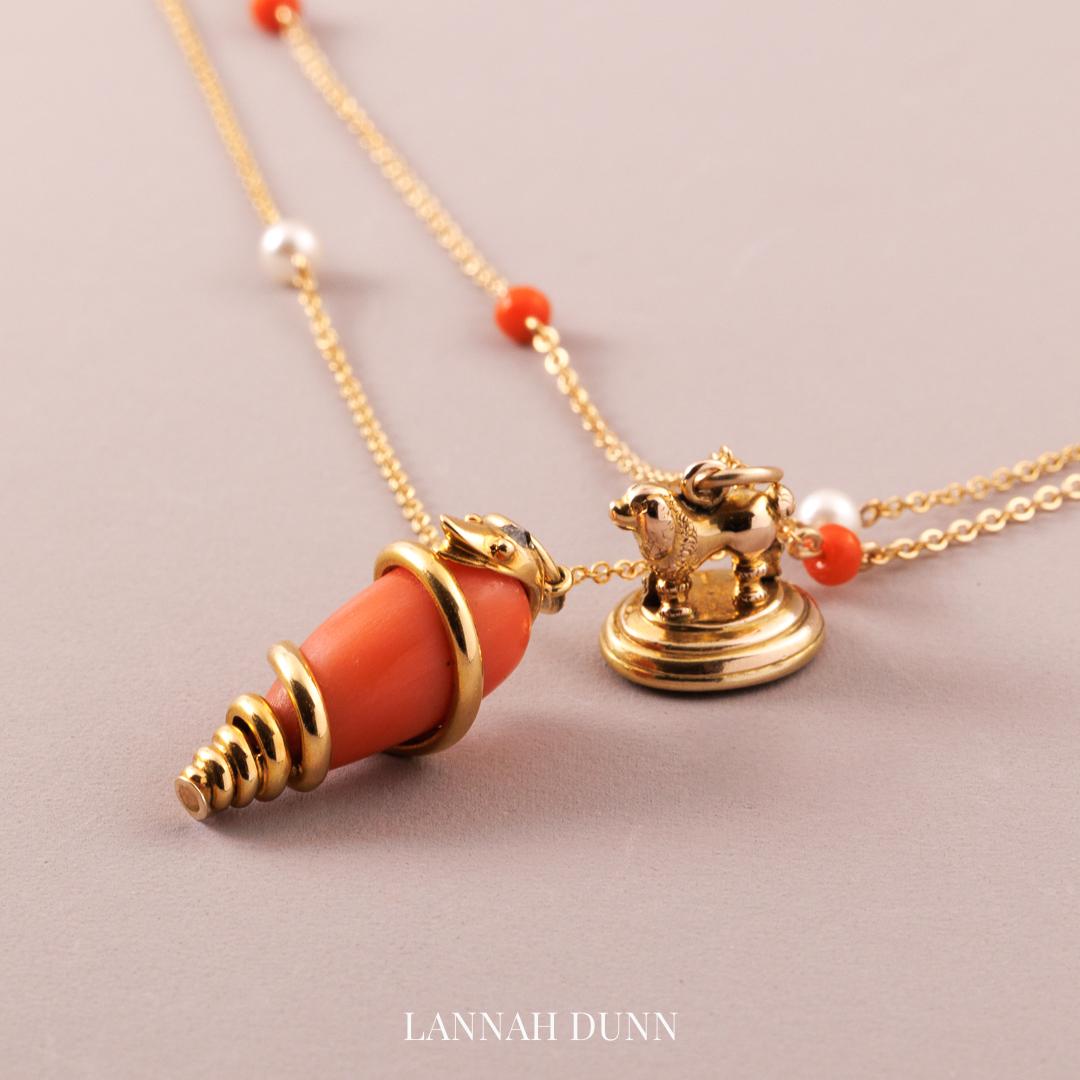 Coral & diamond serpent pendant