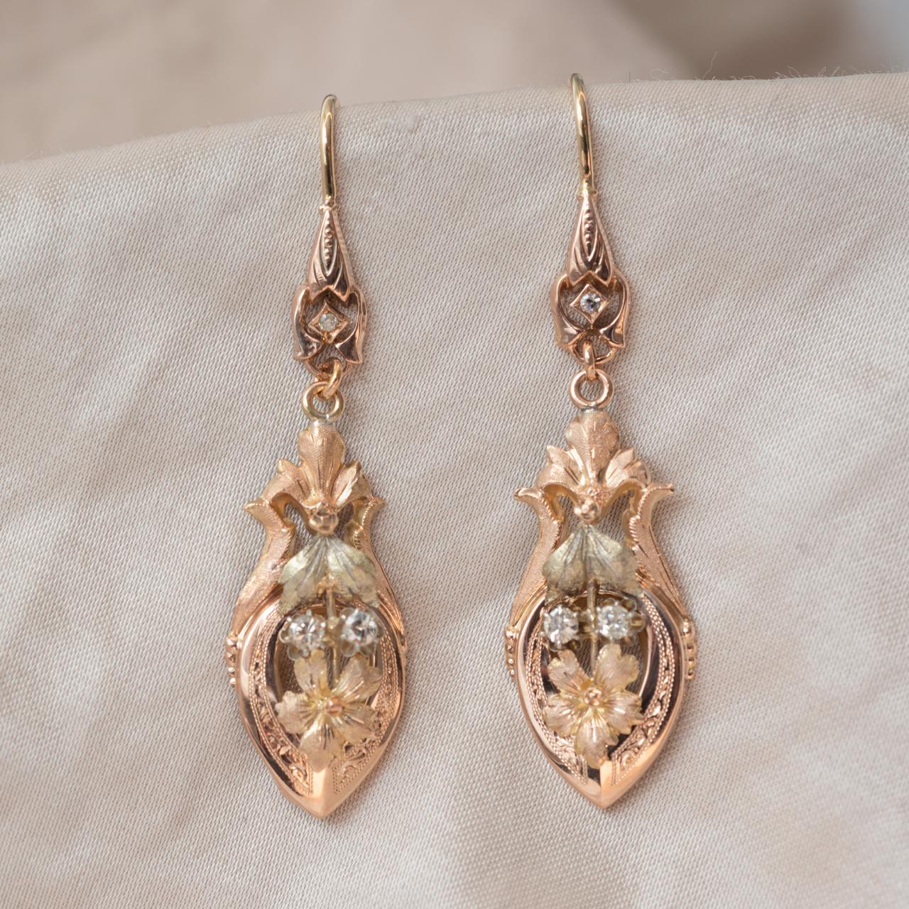 Multi colour gold French antique drop earrings with diamond