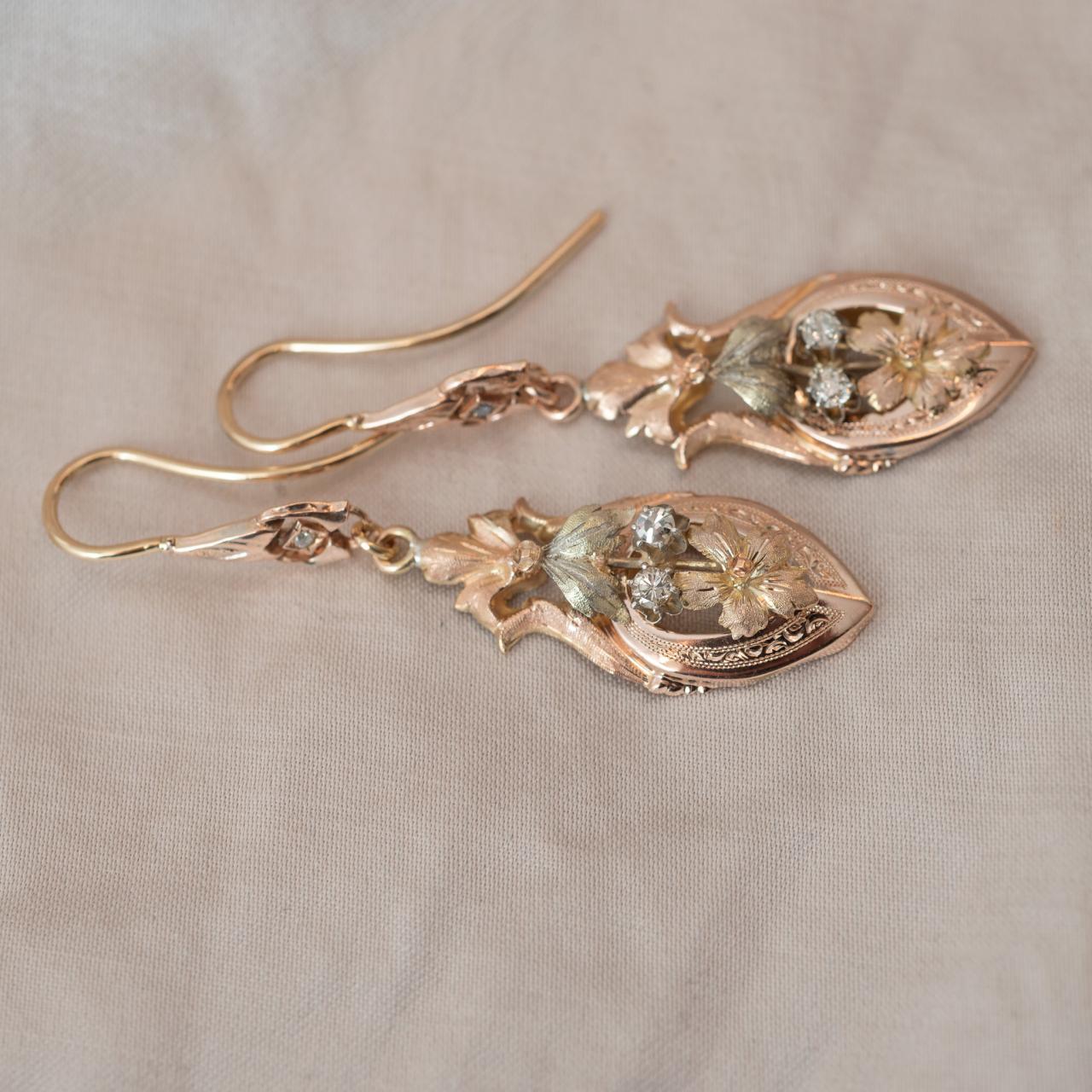 Multi colour gold French antique drop earrings with diamond