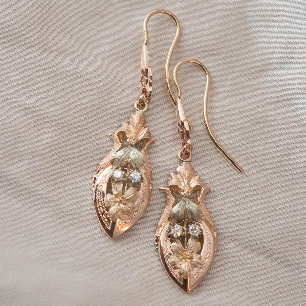 Multi colour gold French antique drop earrings with diamond