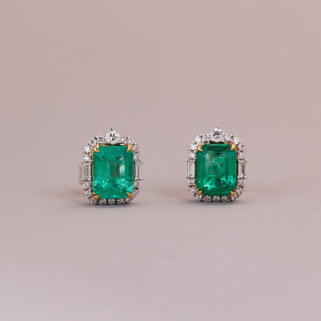 Emerald and diamond cluster stud earrings