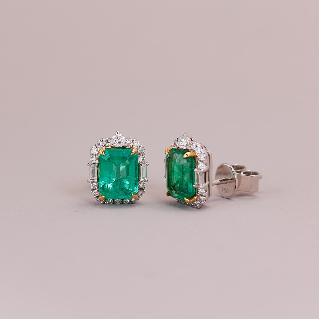 Emerald and diamond cluster stud earrings