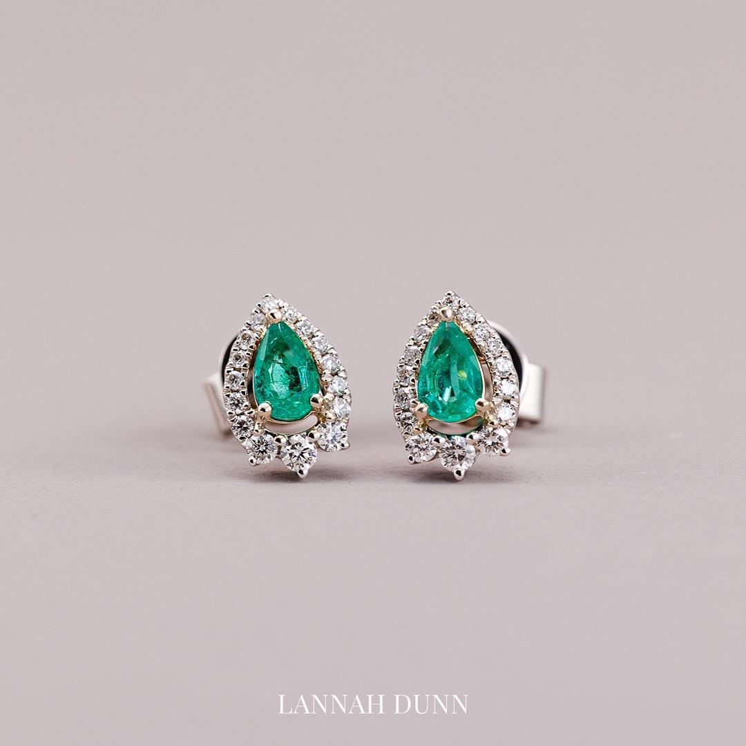 Pear-cut emerald & diamond stud earrings