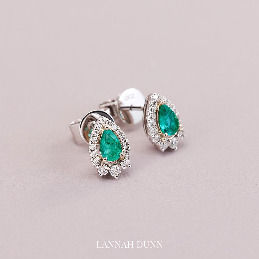 Pear-cut emerald & diamond stud earrings