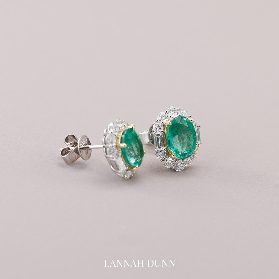 Large oval emerald & diamond cluster stud earrings