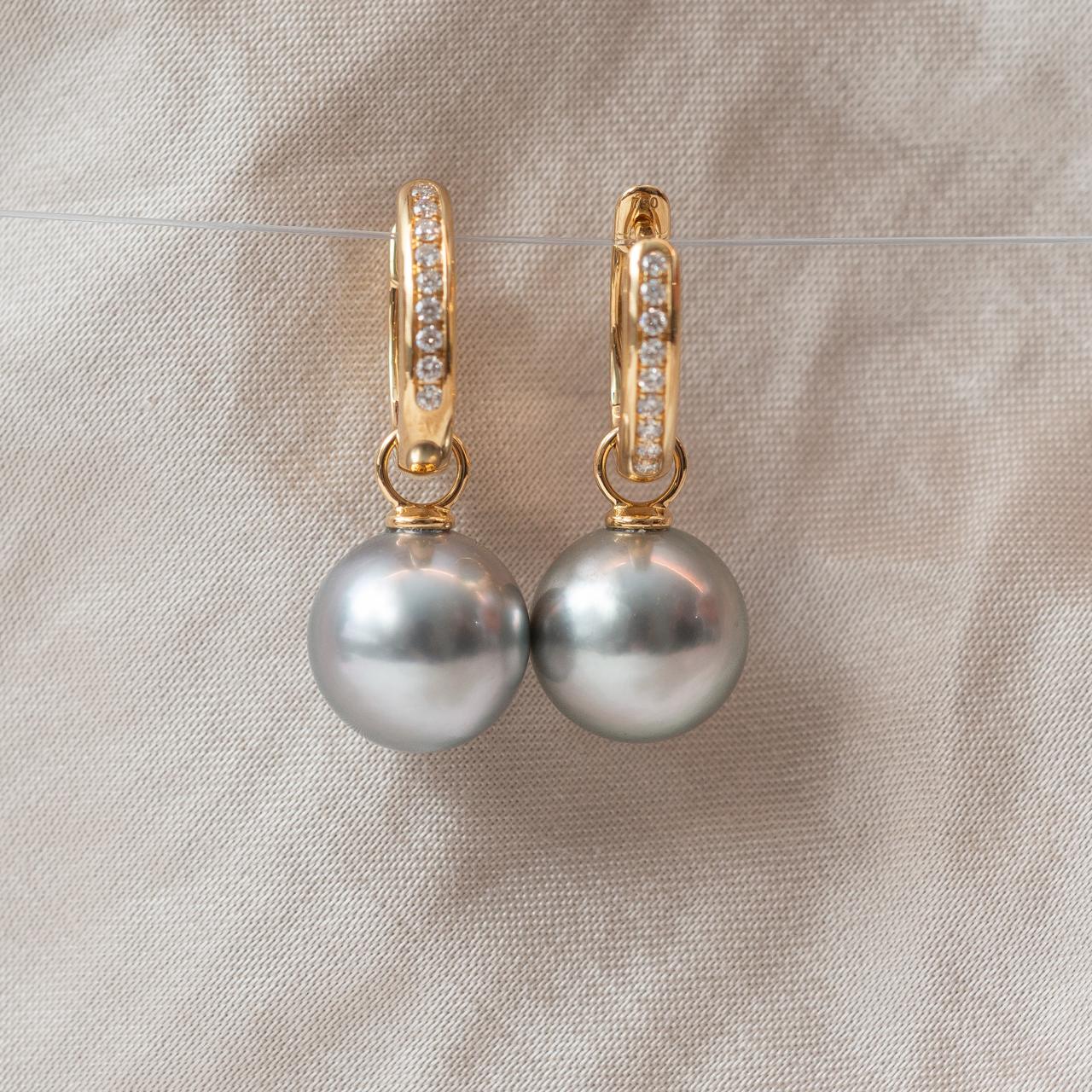 Yellow gold diamond set huggie earrings with Tahitian pearl Enhancers