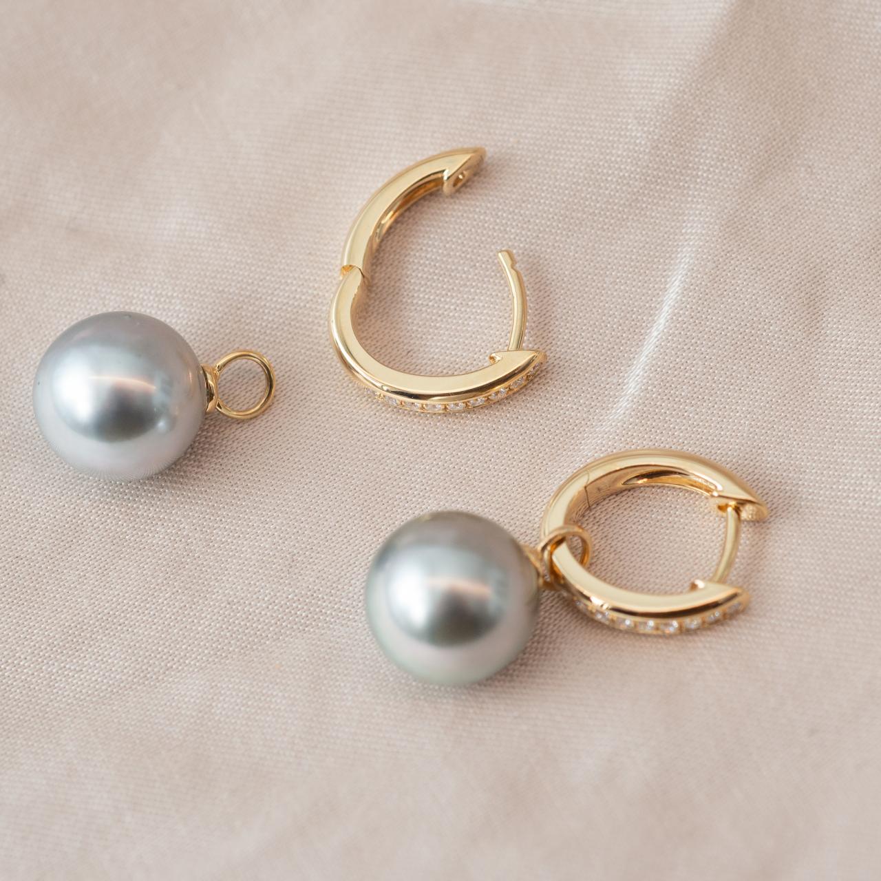 Yellow gold diamond set huggie earrings with Tahitian pearl Enhancers