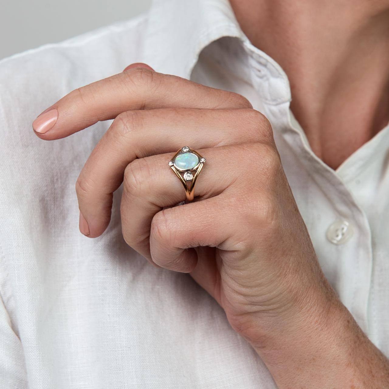 Art-Nouveau inspired Opal Diamond Plaque Ring