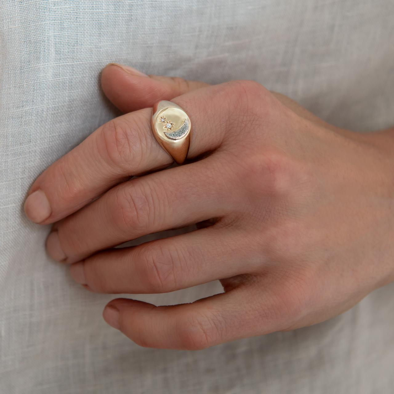 Diamond & Crescent Moon Monogram ring in 9ct yellow gold