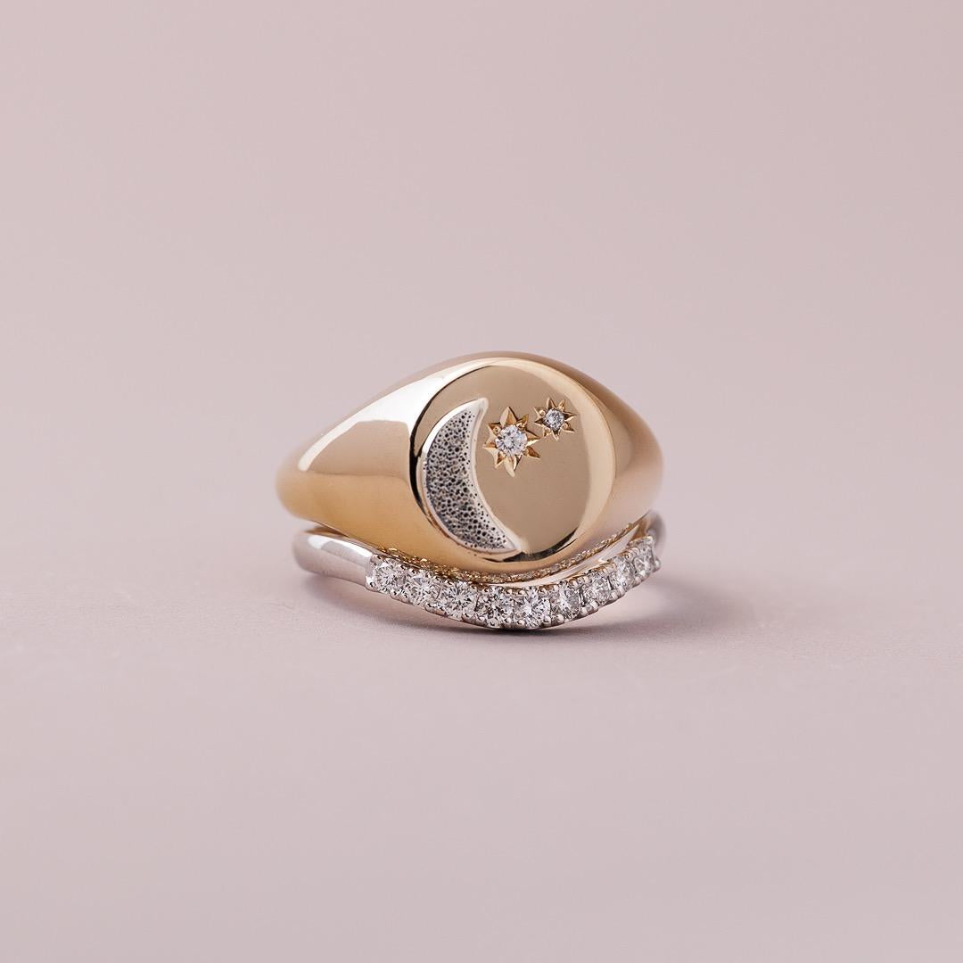 Diamond & Crescent Moon Monogram ring in 9ct yellow gold