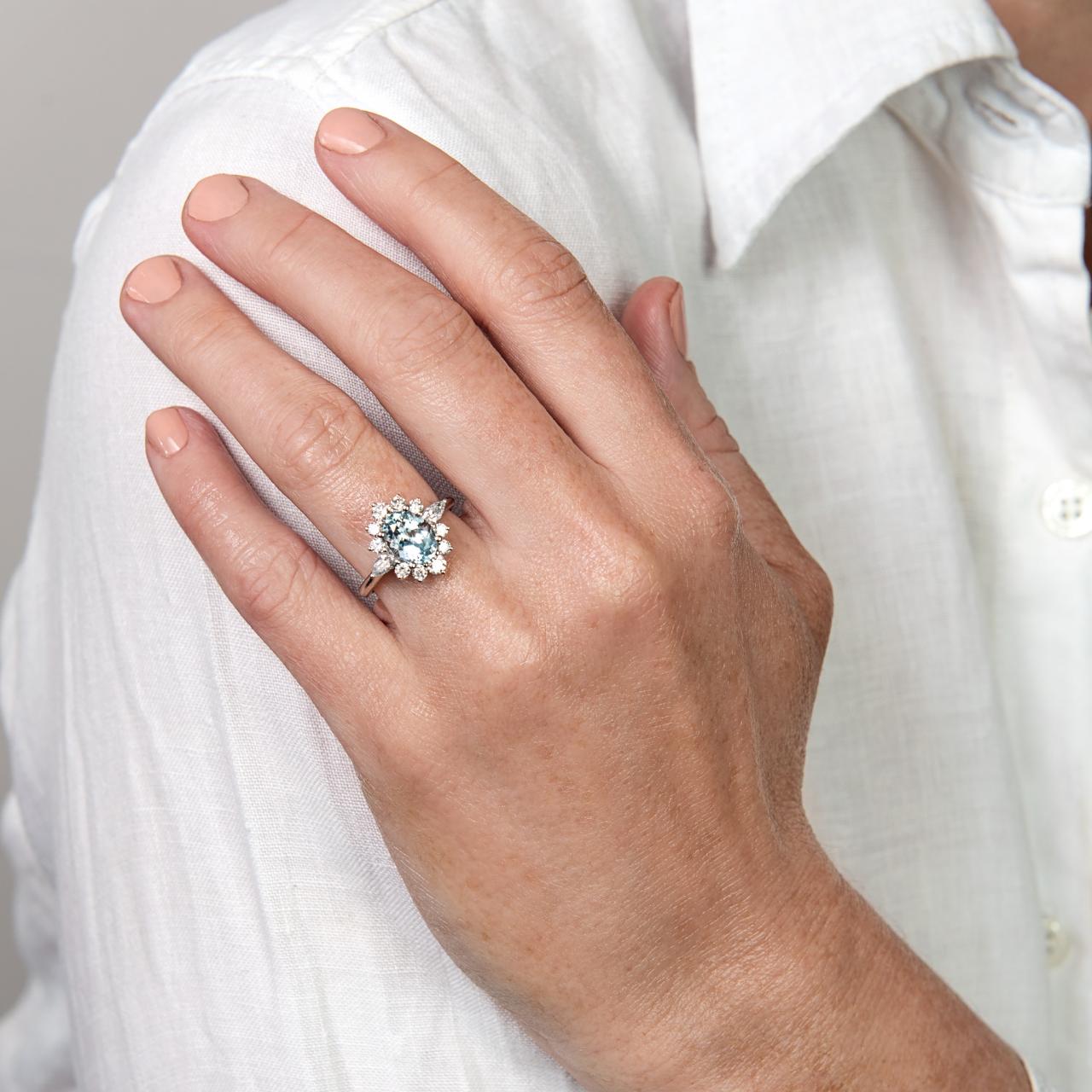 Fancy cut diamond & Aquamarine oval cluster