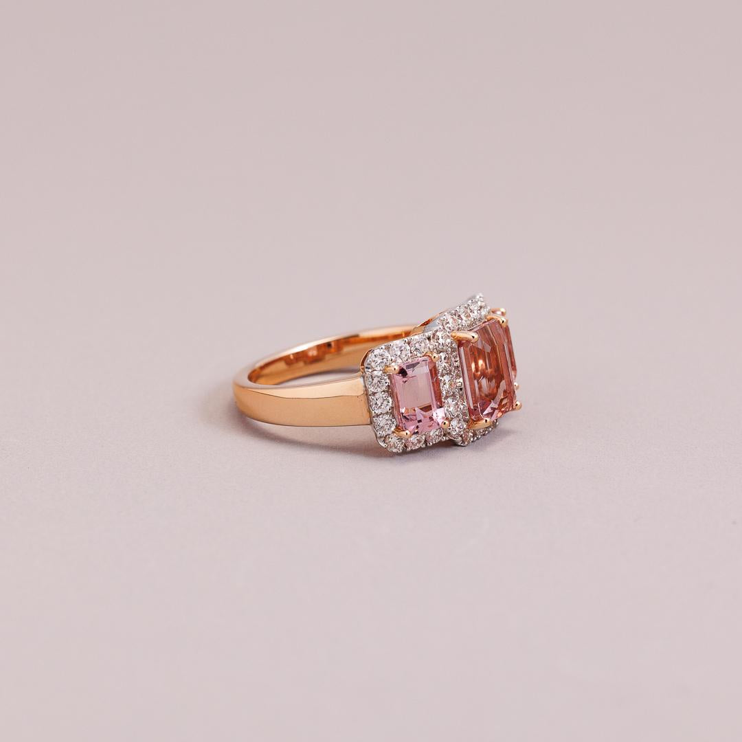 Emerald Cut Morganite Diamond Trilogy Cluster Ring
