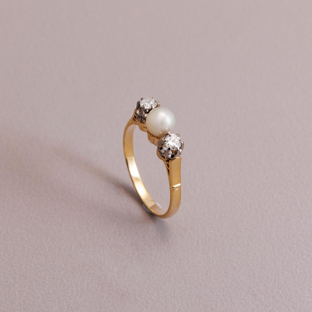 Vintage pearl & diamond three-stone ring