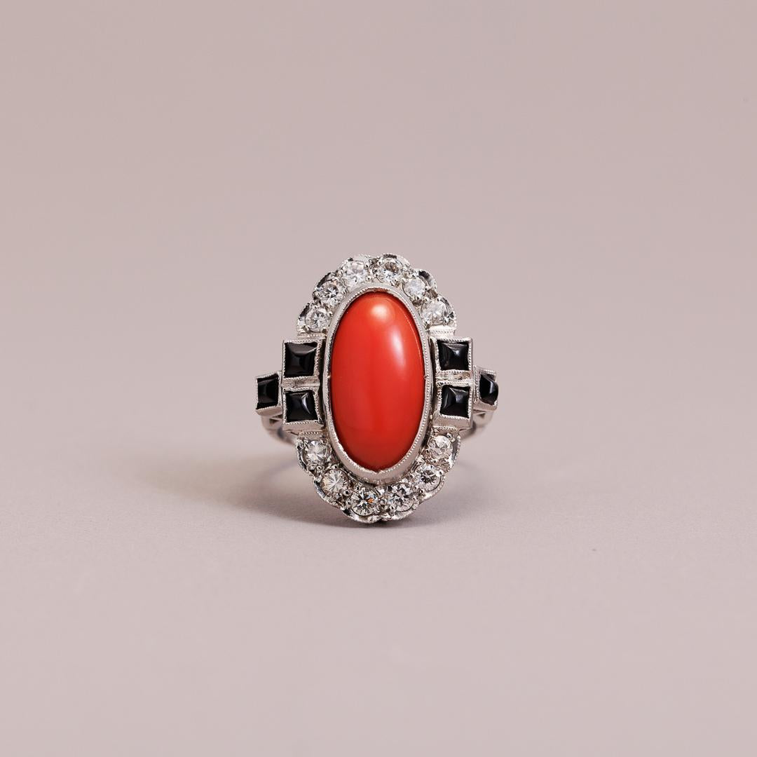Platinum diamond onyx coral Art Deco Dress ring
