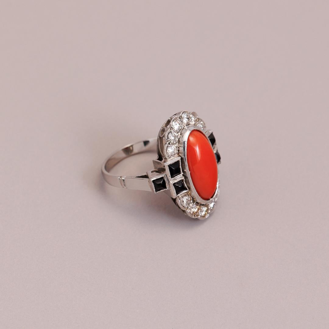 Platinum diamond onyx coral Art Deco Dress ring