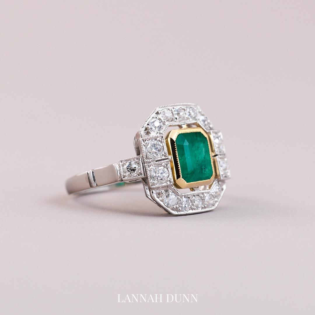 French Art Deco Platinum & 18ct Emerald & diamond ring