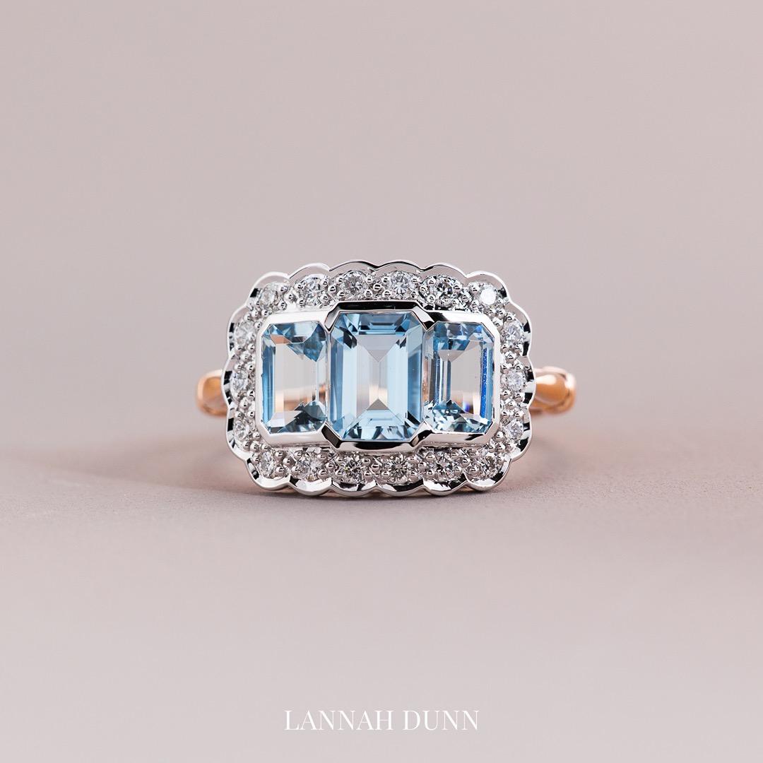 Vintage style Aquamarine & Diamond Plaque ring rose gold