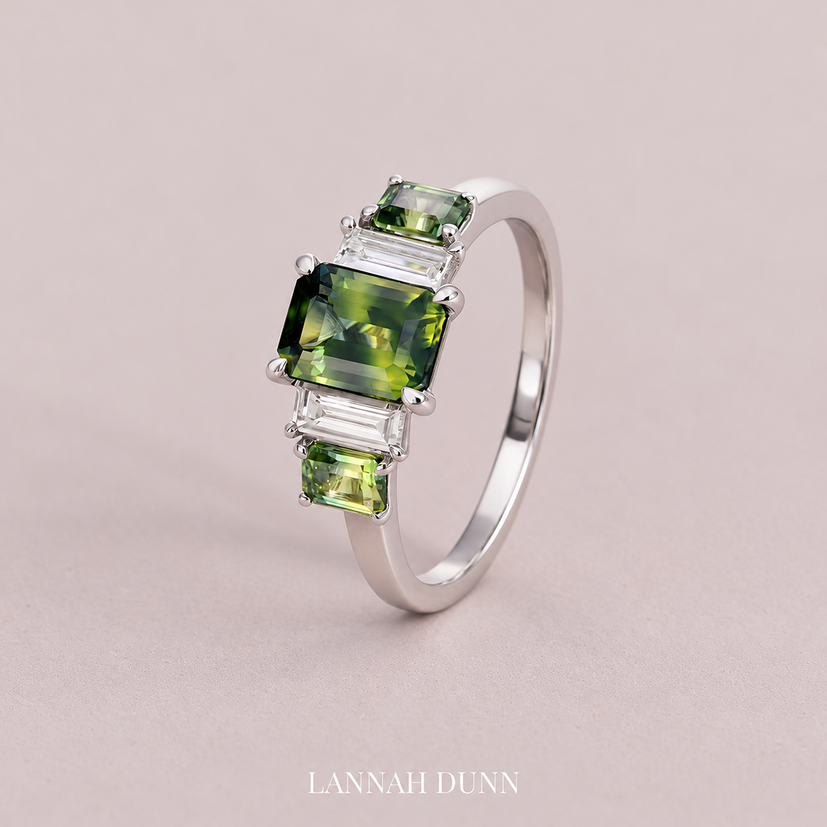 Australian Emerald Cut Parti Sapphire and Baguette diamond ring