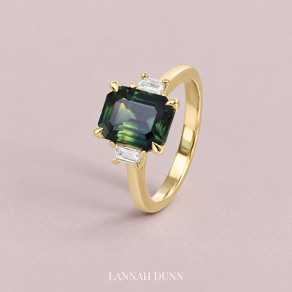 Emerald Cut Parti Australian Sapphire and fancy-cut natural diamond ring