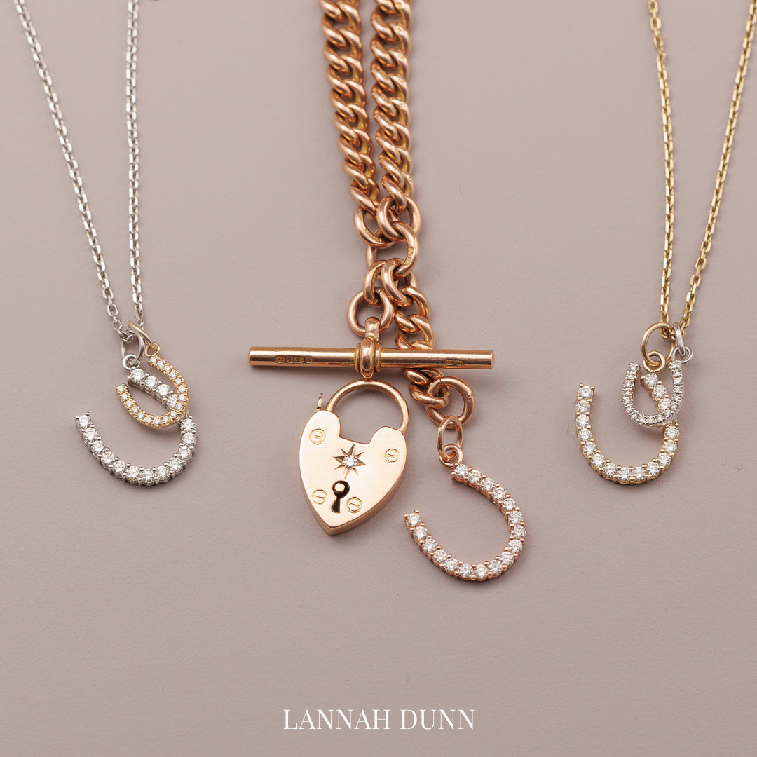 9ct rose gold 9ct yellow gold 9ct white gold LD signature diamond horseshoe charm pendant antique English diamond padlock antique solid rose gold curb Albert fob chain