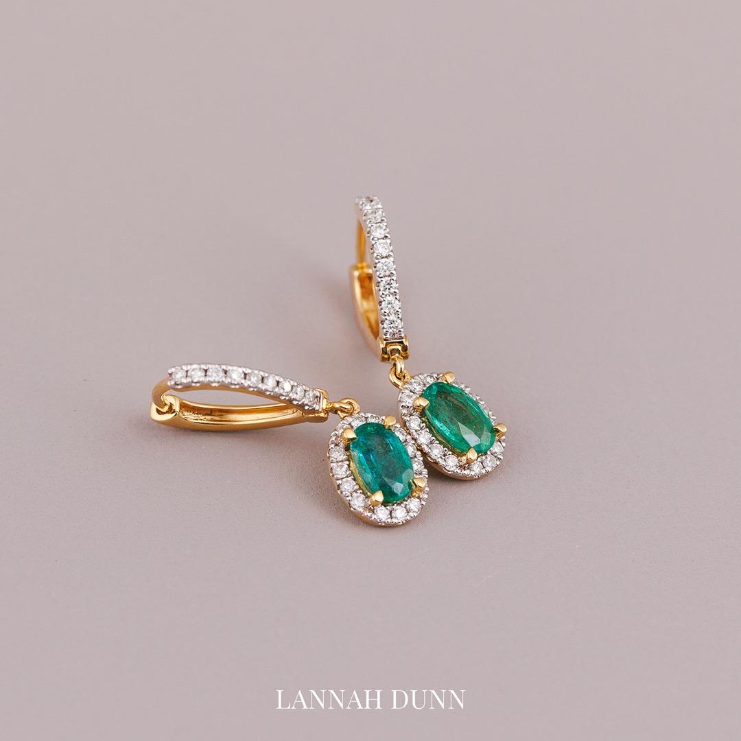 Natural Emerald & Diamond suspended drop earrings