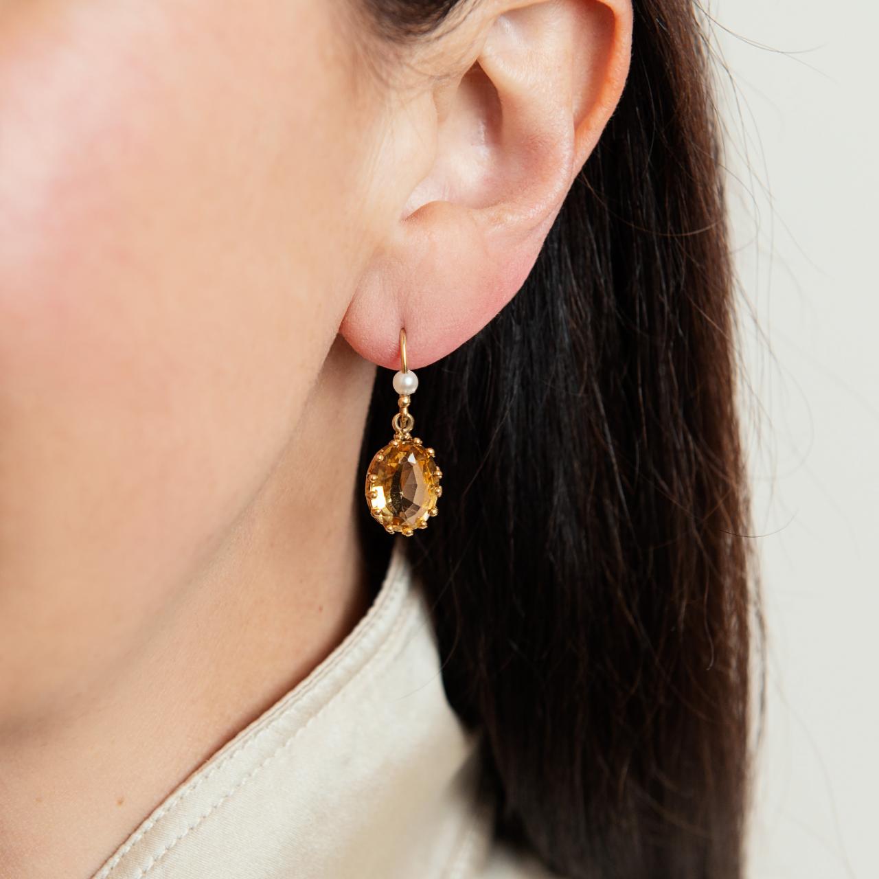 Antique oval facet citrine and pearl drop earrings