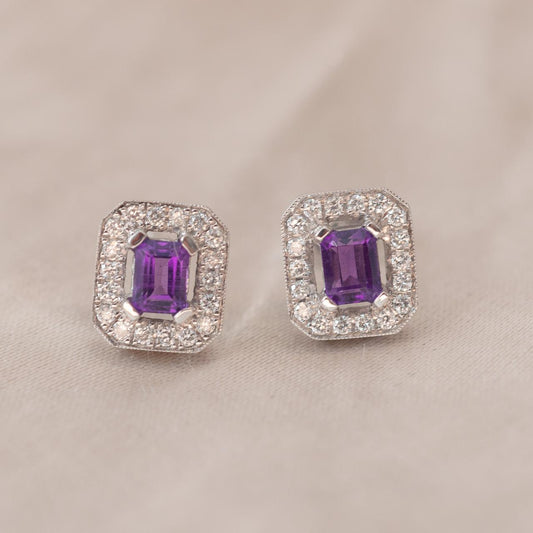 Emerald Cut Amethyst Diamond Studs Emerald Cut Amethyst Diamond Studs